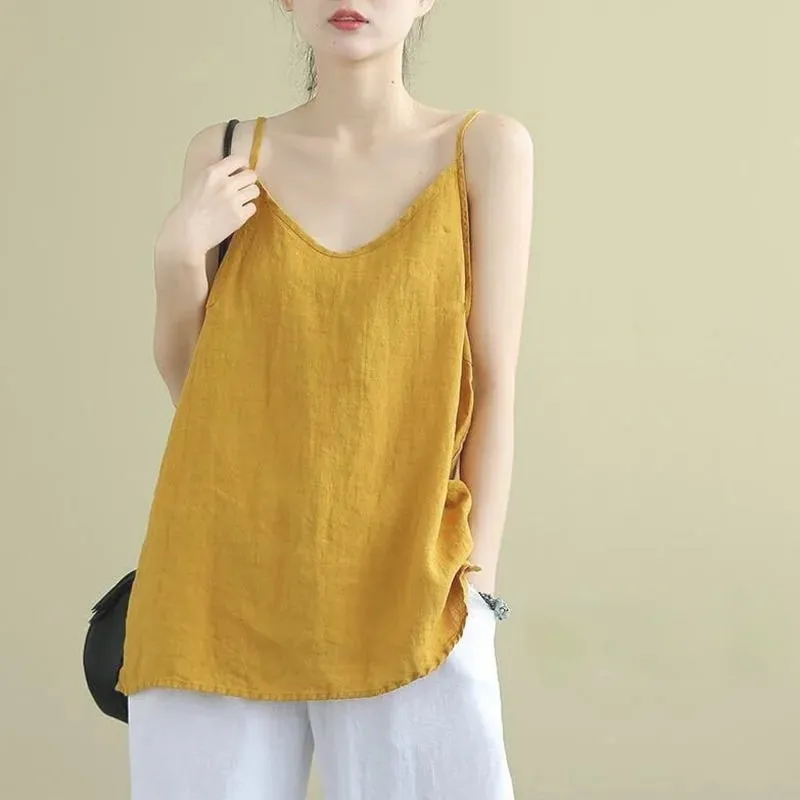 Women's Summer Top Cotton Linen Spaghetti Strap Top Women Halter V Neck Basic Yellow Sleeveless Tank Tops Loose Casual Camis
