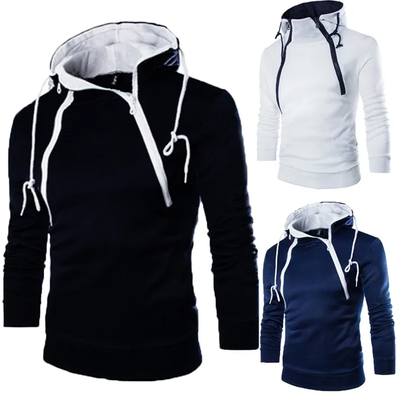 Men's Hoodies Long Sleeve Sweatshirts for Men Zipper Hooded Pullover High Neck Mens Sweatshirt Top Jacket Coat Black Sweater — image 2