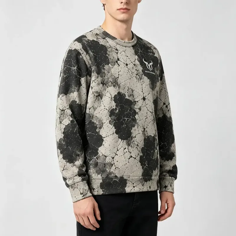 Western-inspired Fossil-print Cow Pattern Sweatshirt Men Vintage All Over Print Pullover Streetwear Unisex Casual Long-sleeved