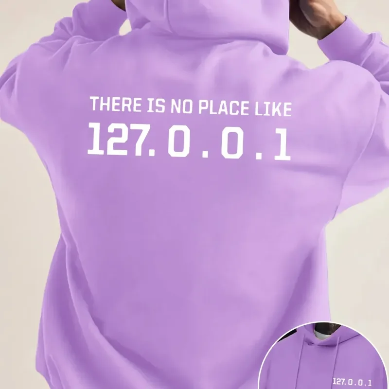 Programmer Geek 127.0.0.1 Text Graphic Hoodies For Men Double Side Print Soft Fleece Loose Hooded Pullover Tops