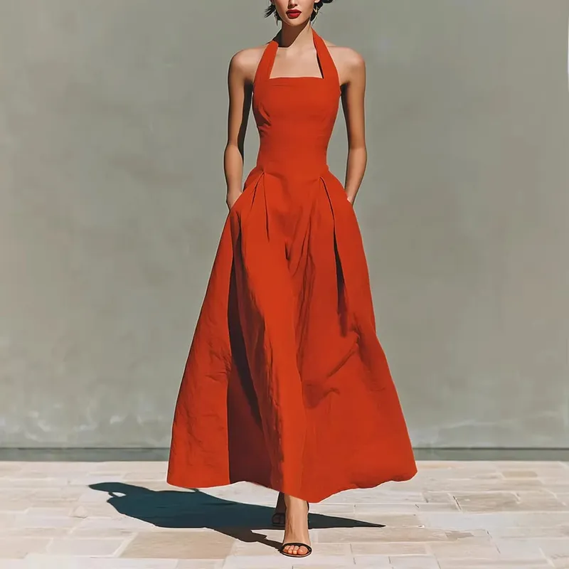 2026 Women's Spring and Summer Neck-Hanging Linen-Style Leisure Fashion Fitting Pocket Dresses — image 5