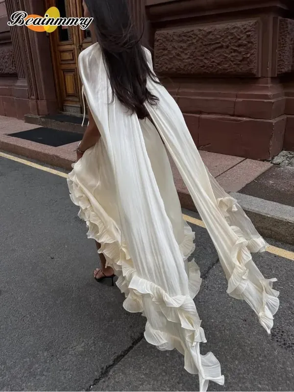 Ruffle Solid Maxi Dress Women Fashion Lapel V-neck Sleeveless Pleated High Waist Dresses 2026 Summer Lady Chic Vacation Robes