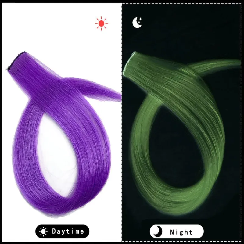 Extensiones de cabello que brillan en la oscuridad, 20 pulgadas, Clip, postizos de colores luminosos, pinzas para el cabello de arcoíris, peluca sintética recta