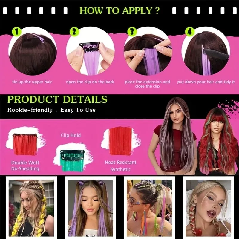 22Inch Synthetic Long Straight 5pcs Clip in Hair Extension Colored Rainbow Hairpieces for Women Daily Use — image 6