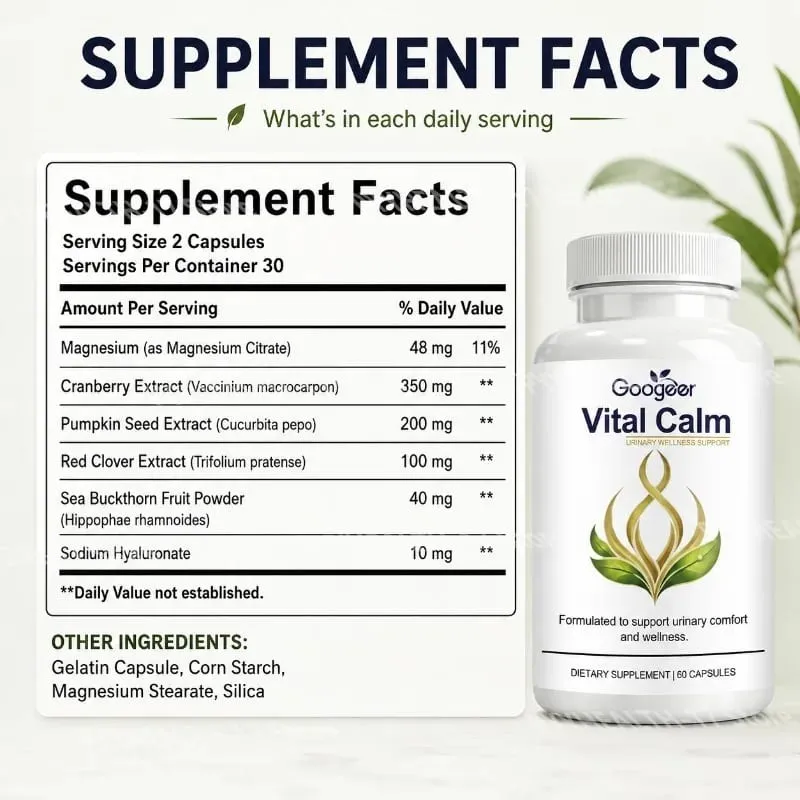 Googeer Vital Calm Capsules for Adult Urinary Wellness Support and Comfort with Magnesium and Cranberry Extract 60 Capsules
