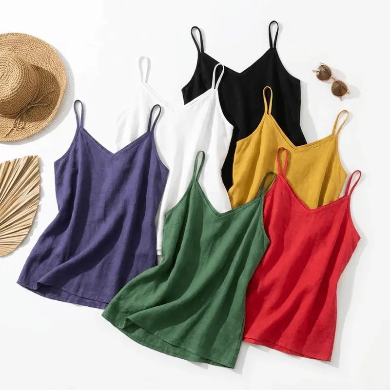 Basic Cotton Linen Spaghetti Strap Top V Neck Sleeveless Sleeveless Tank Top Loose Fit Breathable Camis Top Summer Wear — image 5