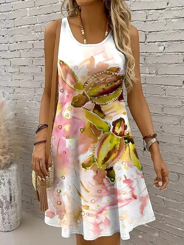 Women's Off Shoulder Sleeveless Crew Neck A-Line Mini Dress Turtle Print Casual Spring Summer Beach Vacation Dress