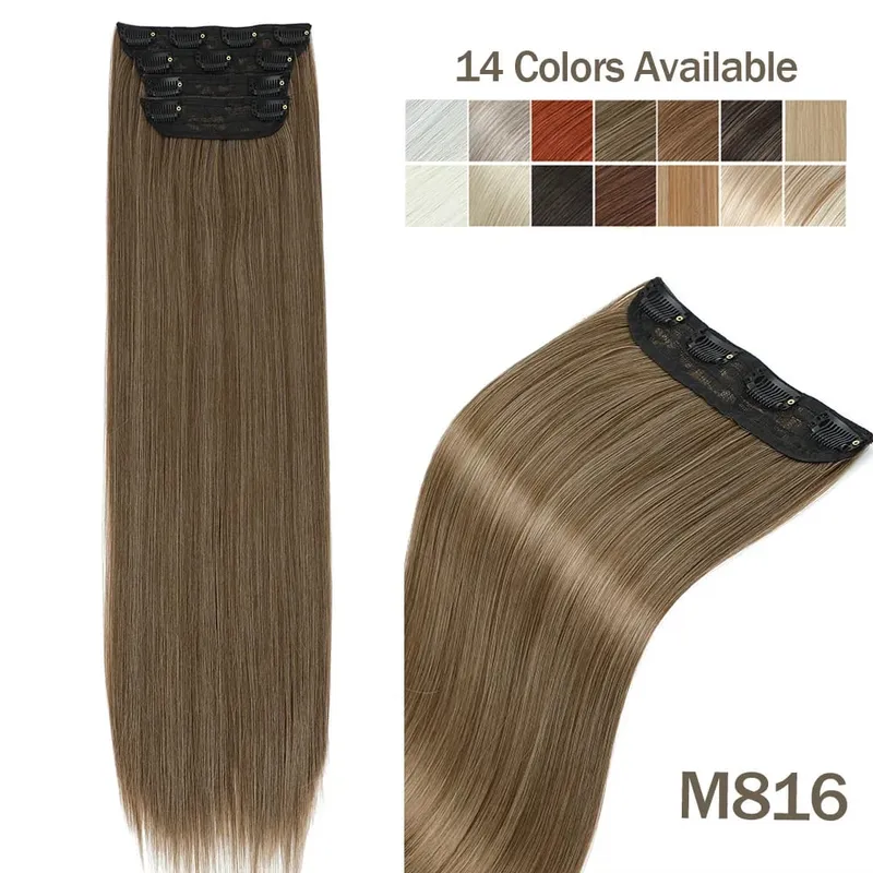 Synthetic 24 Inches Clip in Hair Extensions 4Pcs 200g Brown Grey Piano Blonde Orange Brown Straight Heat Resistant Hairpiece