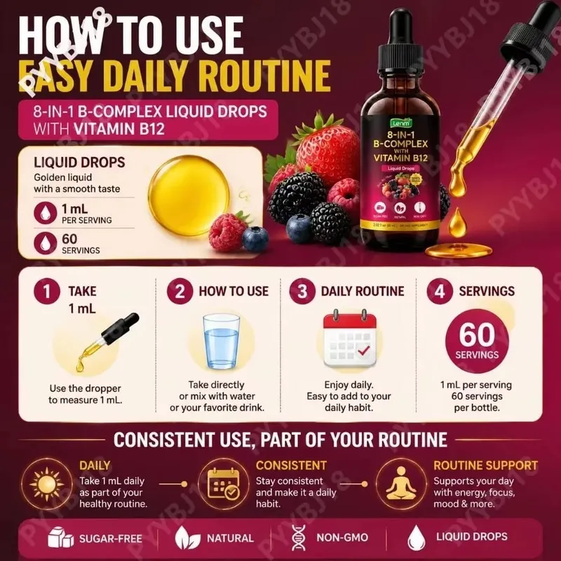 8-in-1 Vitamin B Complex Drops Maximum Absorption with Folate Vitamin B12 Supports Energy Focus Metabolism & Nervous Health 60ML — image 5