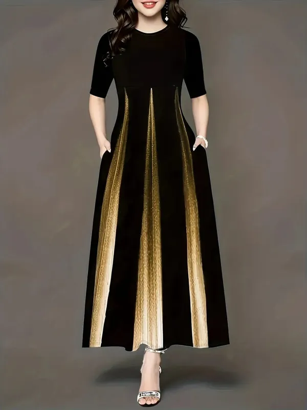 Summer new gradient vertical print dress with round neck loose sleeves slimming temperament long skirt