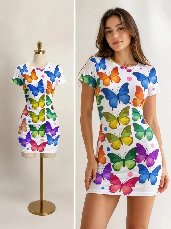 Womens Short Sleeve Bodycon Mini Dress Slim Fit Crew Neck Floral Print Casual Summer Party Cute Stretch Modern Vacation Sundress — image 2