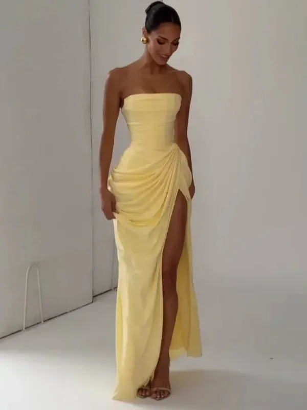 Mulheres amarelo elegante sem alças vestido plissado sexy sem mangas cintura cinching split maxi vestidos 2026 senhora novos vestidos de festa à noite