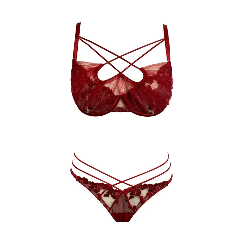 Summer Lace Embroidery Cross Tie Lingerie Set Sheer Mesh Push Up Bra Comfortable Daily Wear Underwear for Women Size 32-38