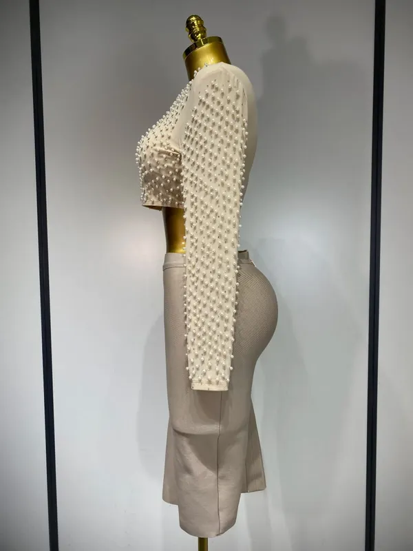 Set da donna sexy a maniche lunghe in rete con perle Top Celebrity Midi Set di fasciature da donna 2025 Set da due pezzi di compleanno di lusso per feste serali di design