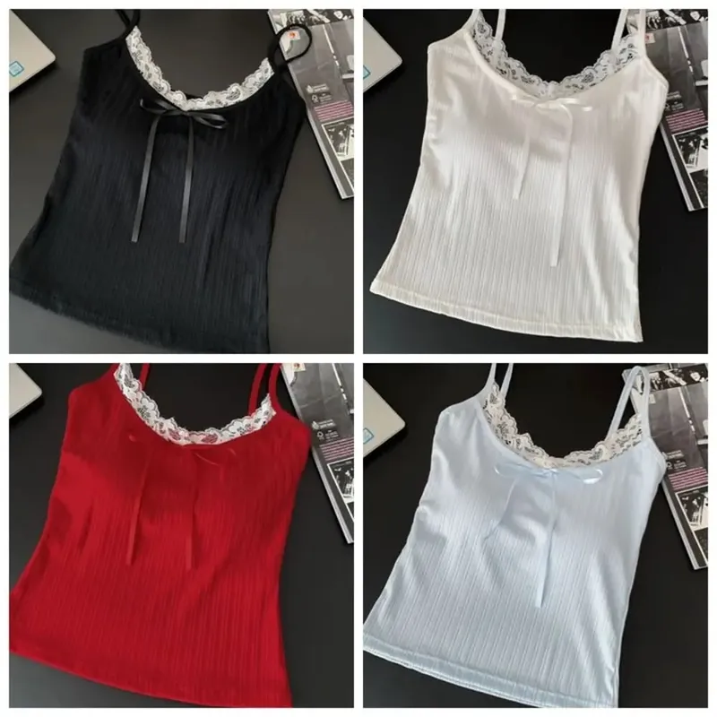 เอว cinching แขนกุด Slim Lace Crop Top Y2k สีทึบ Camisole พร้อมแผ่น Bottoming เสื้อ Sweet Lace Patchwork Vest Lady
