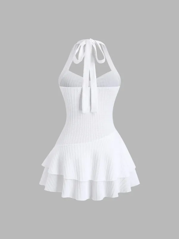 White Halter Neck Mini Dress Women's Ruffled Starfish Embellished Summer Casual Evening Gown — image 3