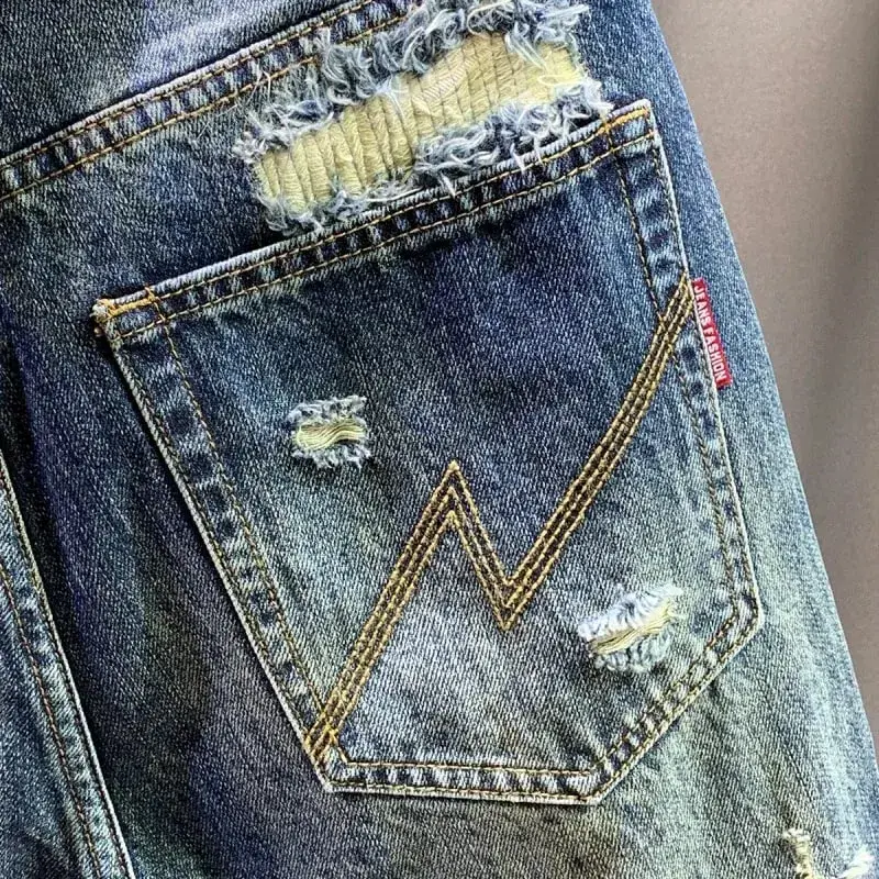2025 Autumn/Winter New Men's Trendy Piercing Patch Jeans with Letter Printed Micro Loose Pants