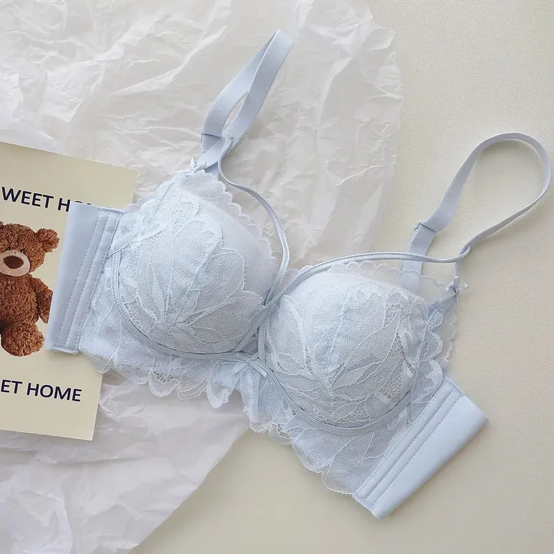 Thin Cup Full Lace Lingerie Set 32-38 AB French Wireless Bra Lift Anti Sag Push Up Design for Small Bust Sensual Ladies
