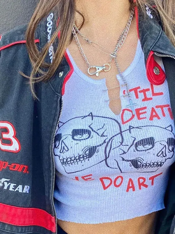 สแควร์อินเทรนด์ Letter พิมพ์ PIN Buckles Tank Tops ผู้หญิง Skull พิมพ์สบายๆยืด Crop Top