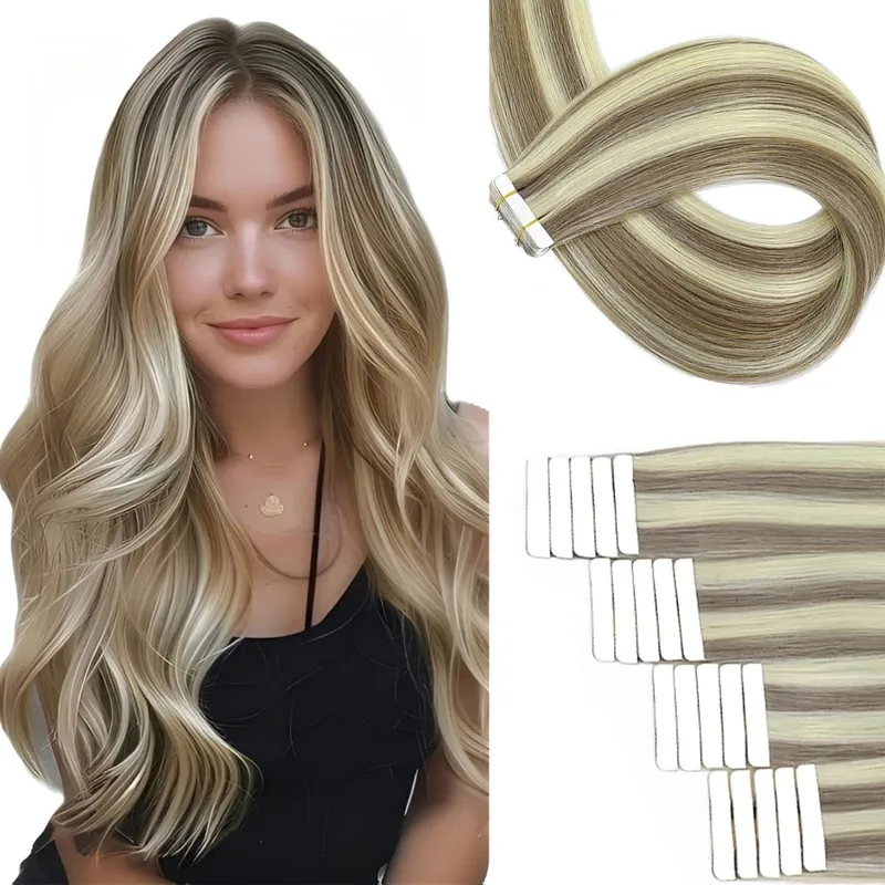 Tape in Hair Extensions Human Hair Highlight Color 18 Ash Blonde and 613 Light Blonde Hair Extensions Tape Ins 20pcs 50g