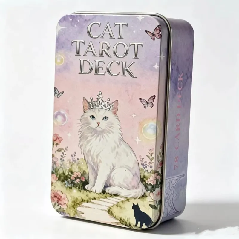 Cat Tarot Deck in Metal Box 12*7cm Cute Kitten Tarot Cards with Paper Guidebook with Paper Guidebook for Cat Lovers Board Games