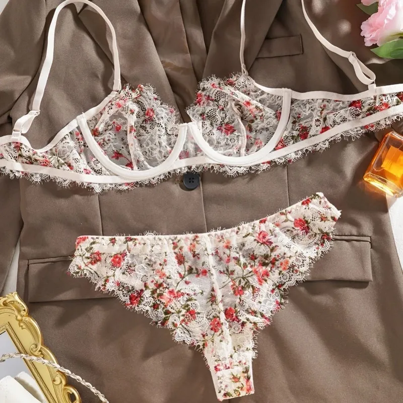 Conjunto de sujetador de encaje Floral ultrafino sin forro, ropa interior con anillo de acero transparente, lencería Sexy para mujer, sujetador de verano