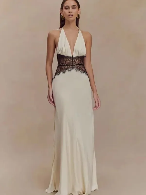 MO Patchwork seksowny głęboki dekolt w szpic koronkowa wiązana na szyi damska sukienka Maxi biała suknia wieczorowa z odkrytymi plecami letnia szczupła elegancka sukienka na imprezę