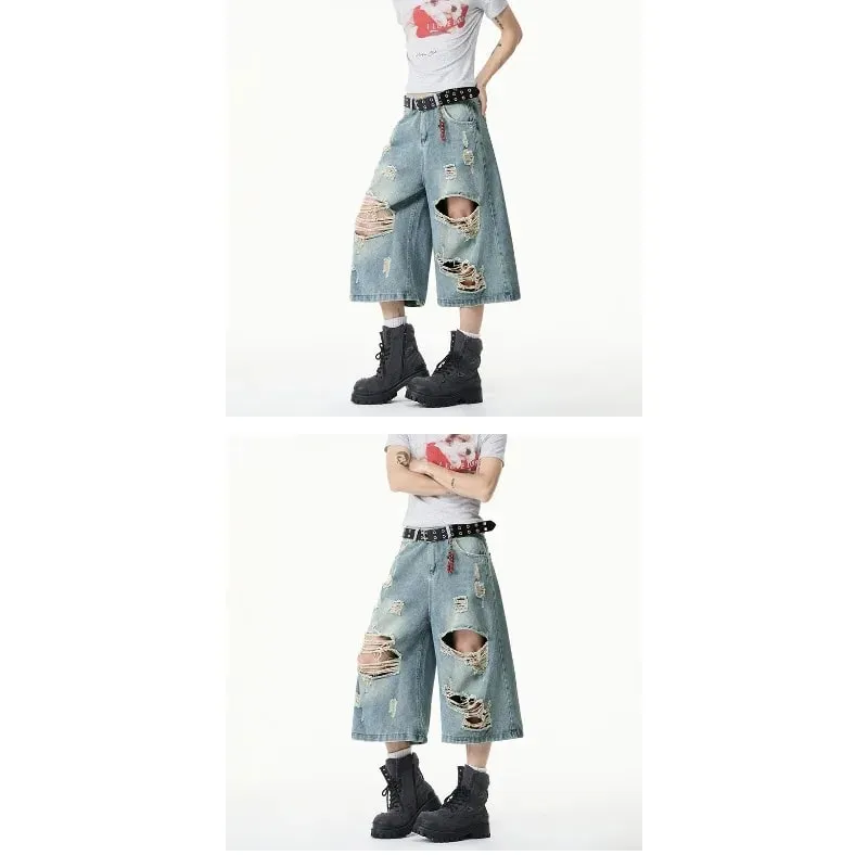 Summer Trendy Men Jeans Ripped Loose Casual Man Pants Artistic Design Cropped Long Denim Trousers — image 7