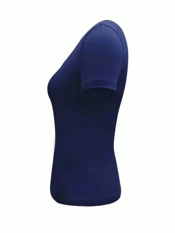 Woman Solid Crop Top Short Sleeve Summer Sexy Elegance Leisure Henley Collar Semi Slim Button Navy Blue T-shirt Top