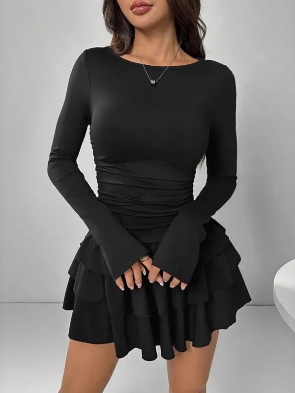 Autumn Winter Solid Color Slim Fit Cascading Ruffles Mini Dress Women Elegant Flare Sleeve High Waist Sexy Party Bodycon Dresses — image 6
