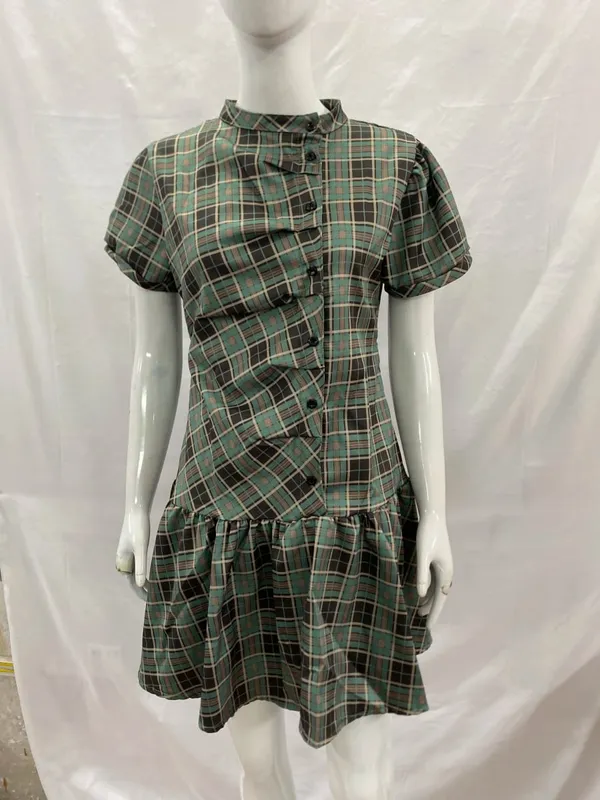 Women's Vintage Plaid A-Line Dress Short Sleeve Stand Collar Button down Pleated Mini Dress Casual Elegant Fashion — image 8
