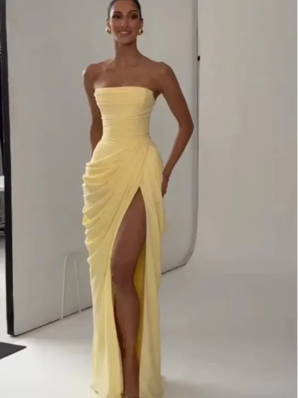 Elegant Yellow Strapless Pleated Long Dress Women Chic Solid Sleeveless Waist Cinching Split Gown 2026 Lady Evening Party Robes
