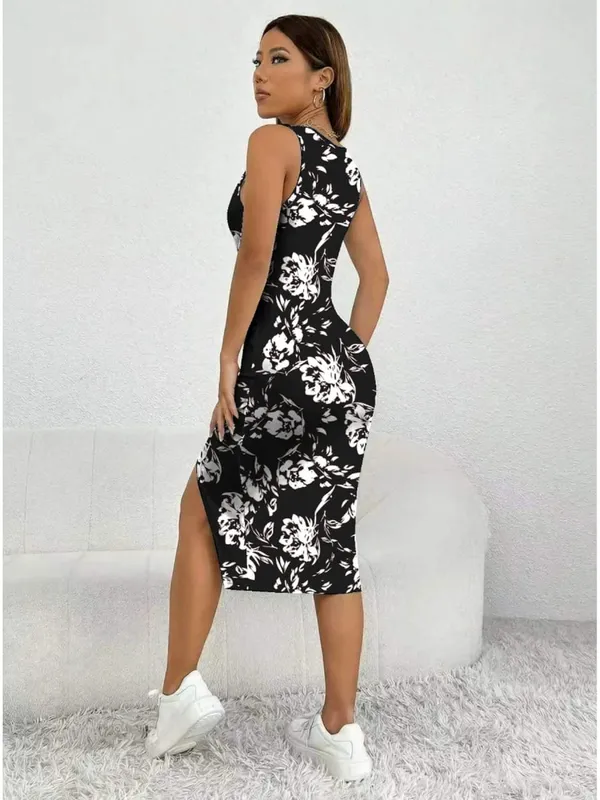 Women's Summer Casual Elegant Comfortable Square Neck Geometric Pattern Floral Pattern Slit Dress Mid Length Skirt