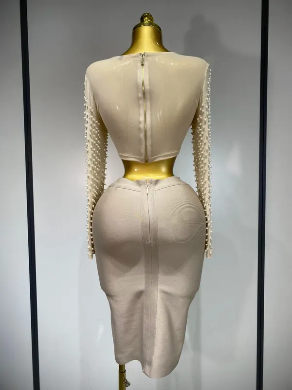Set da donna sexy a maniche lunghe in rete con perle Top Celebrity Midi Set di fasciature da donna 2025 Set da due pezzi di compleanno di lusso per feste serali di design