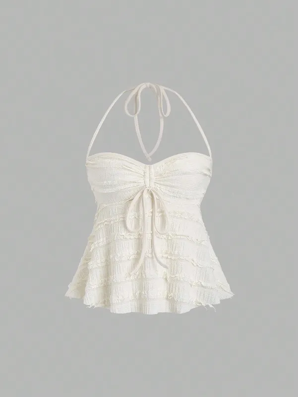 Women's Elegant Texture Fabric Drawstring Front Backless Ruch Hem A-Line Cami Top Casual Slim Fit Pleating Chest Top Summer 2026