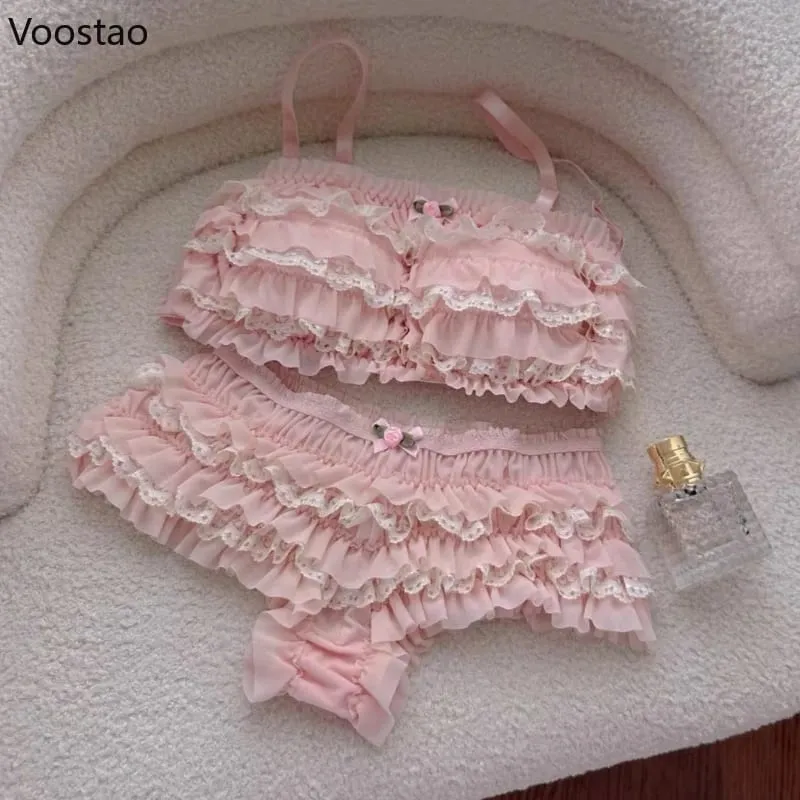 Japonês doce lolita estilo sutiã calcinha lingerie conjunto feminino sexy floral rendas babados briefs kawaii roupa interior calcinha conjuntos