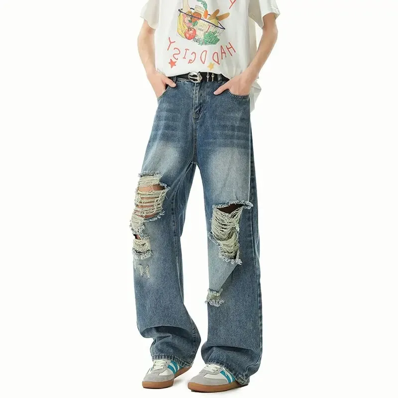 New Spring/Autumn Fashion Solid Color American Retro Straight Leg Ripped Jeans Men's Casual Loose Fit Sports High Quality Jeans