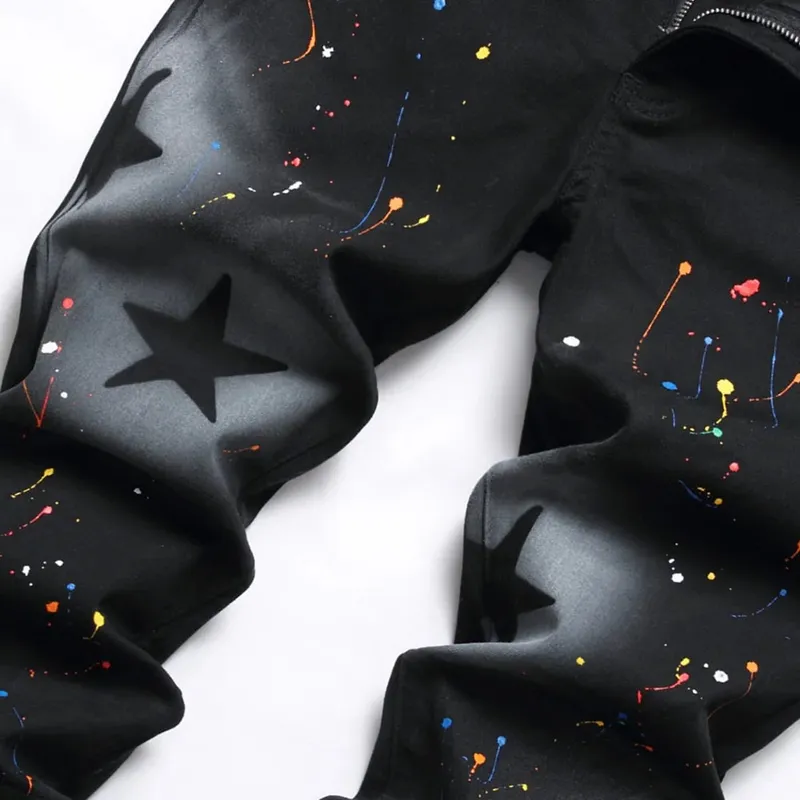ผู้ชาย Star ทาสี DENIM กางเกงยีนส์ Casual Graffiti พิมพ์กางเกงตรงบางสีดำยืดผ้าฝ้ายกางเกงสแปนเด็กซ์