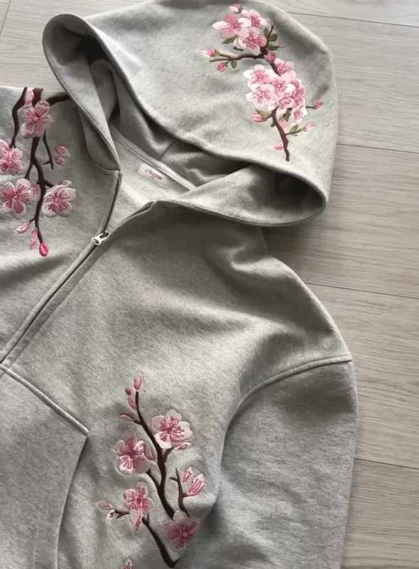 Y2K Vintage Oversized Cherry Blossom Embroidered Hooded Jacket Mens Womens Pink Zipper Coat Harajuku Hip Hop Graphic Streetwear — image 6