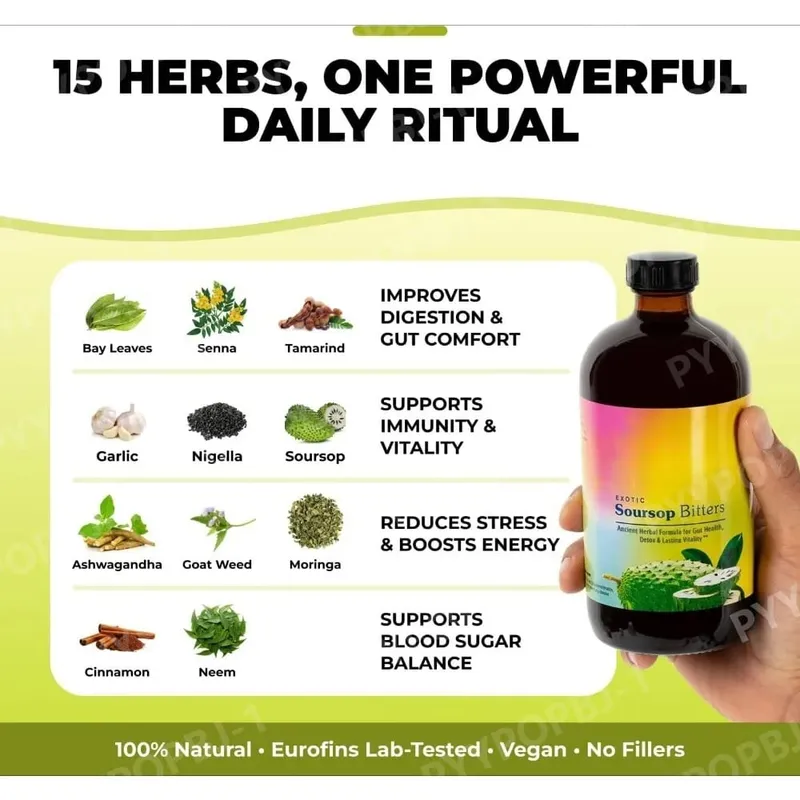 Soursop Bitters Liquid Herbal Extract Plant Based Guanabana Blend with Ginger Turmeric and Sea Moss Daily Wellness Supplement