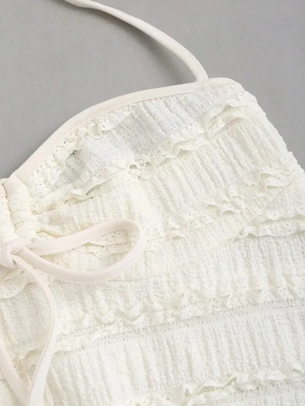 Women's Elegant Texture Fabric Drawstring Front Backless Ruch Hem A-Line Cami Top Casual Slim Fit Pleating Chest Top Summer 2026