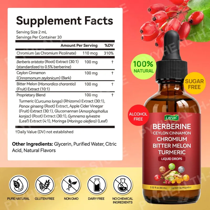 Lenm Berberine Liquid Drops with Ceylon Cinnamon Chromium Bitter Melon Turmeric for Metabolic Wellness Support 60ml 30 Servings