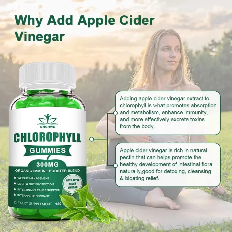 Klorofyl-gummi-med ACV-vitamin D3 C E B12 - Naturlig deodorant-energi booster immun- og fordøjelsesstøtte Vegansk 60 slik