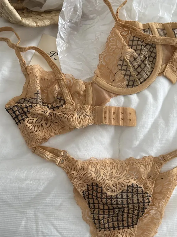 Bra lattice embroidery mesh underwear women small fresh top lingerie with panties support large breasts show small bra set