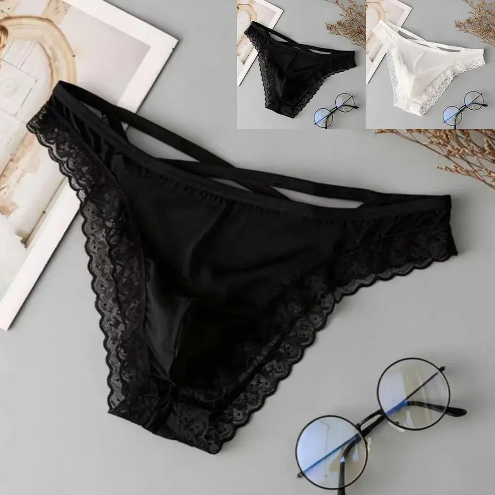 Men Side Strap Lace Briefs Silky Smooth Scalloped Floral Lace Low Waist Stretch Thin Underwear Sissy Panties