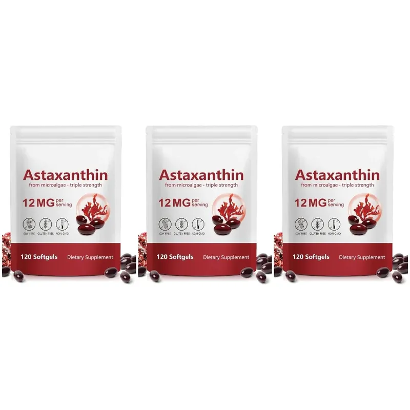Cápsulas blandas de astaxantina, 12 mg por porción, microalgas, 120 u., sin gluten, sin soja, sin OGM, vegano, respalda la actividad antioxidante