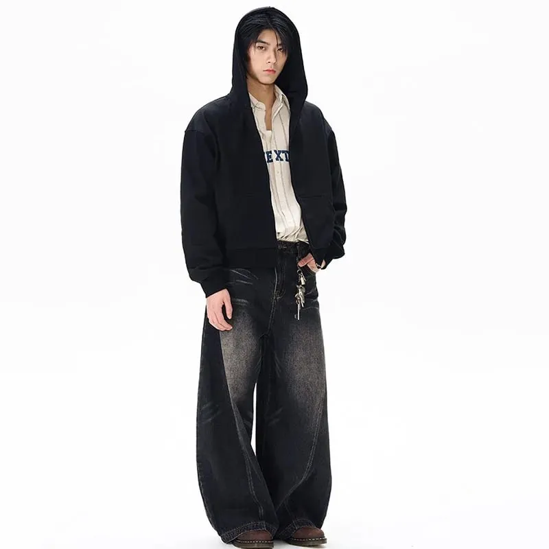 Spring New Men'S Jeans Wide Leg Pants Loose Machete Jeans Vintage Lightning Cracked Denim Trousers