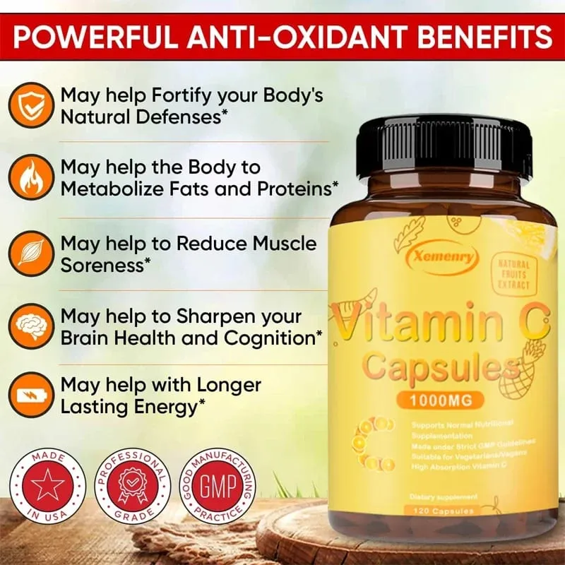 Vitamin C Capsules 1000mg - Immune System and Collagen Booster Skin Health Antioxidant Supplements