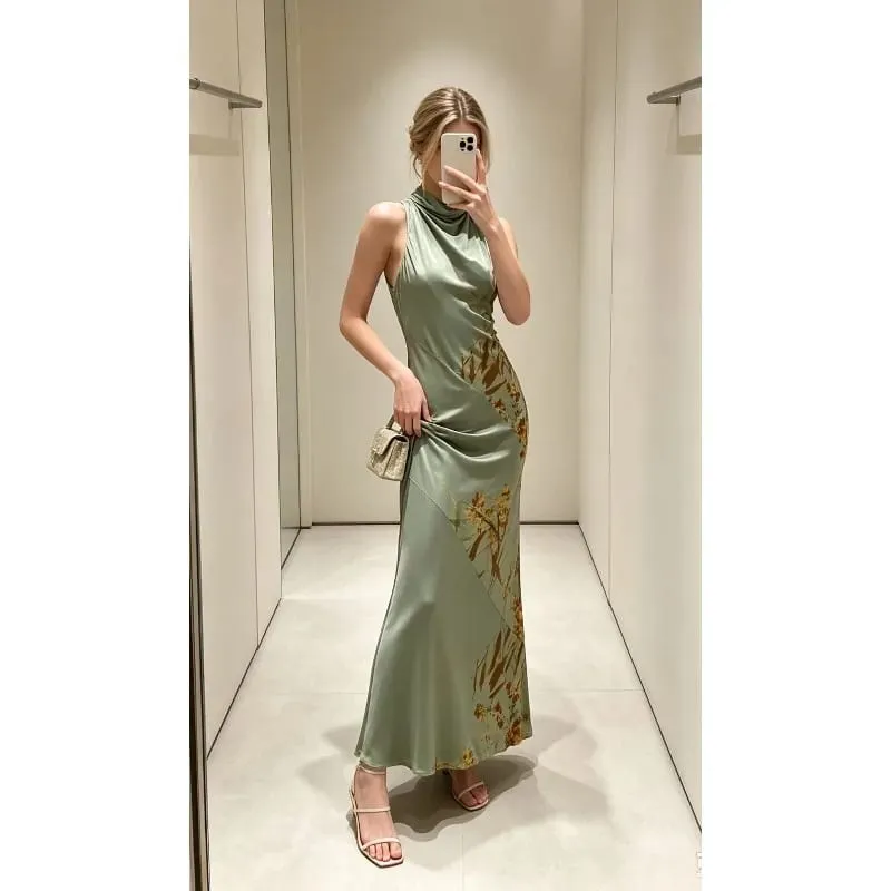 2026 Women Minimalist Outfit Elegant Half High Neck Slim Fit Sleeveless Backless Pleated Printed Sexy Party Club Maxi Dress