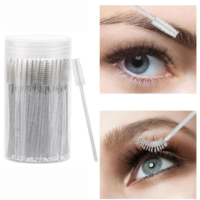 50Pcs Disposable Mascara Wands Eyebrow Spoolies Brush for Eyelash Extensions Lash Brushes with Container
